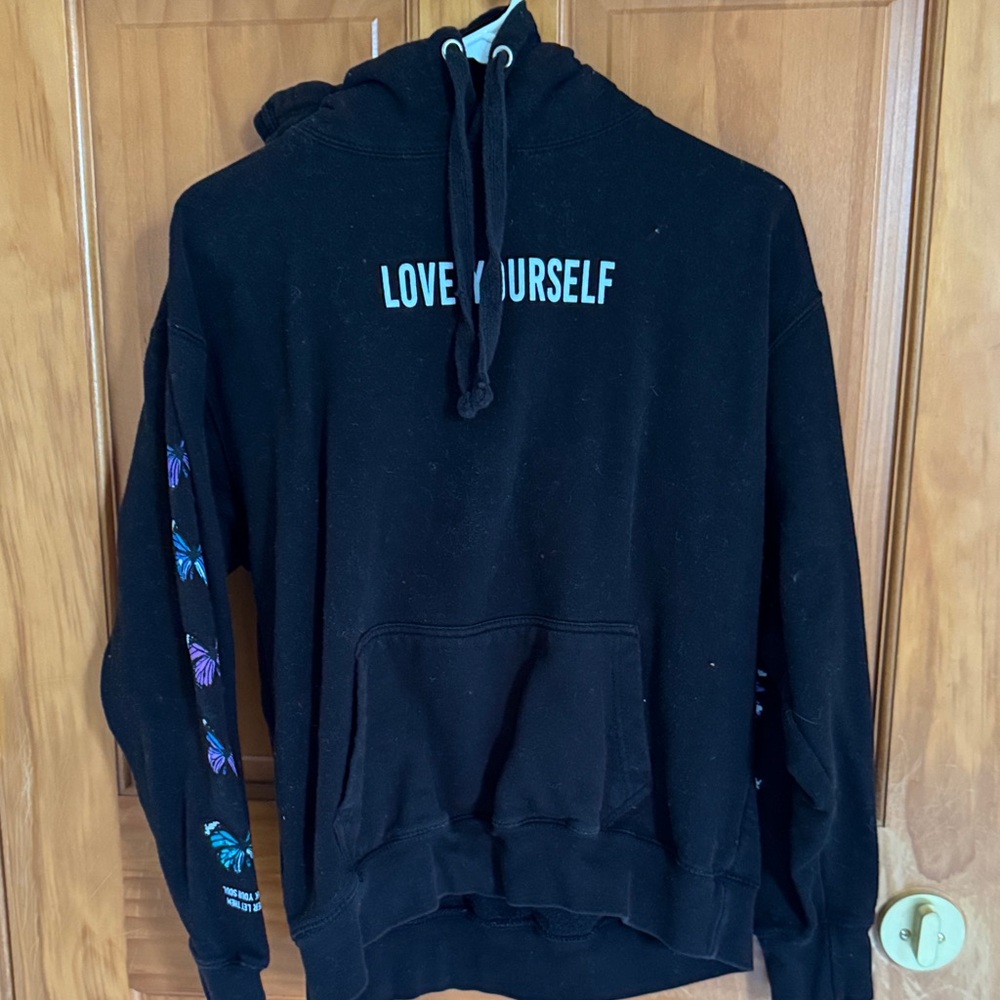 Yours Clothing Black Hoodie with Colorful Butterfly Sleeves